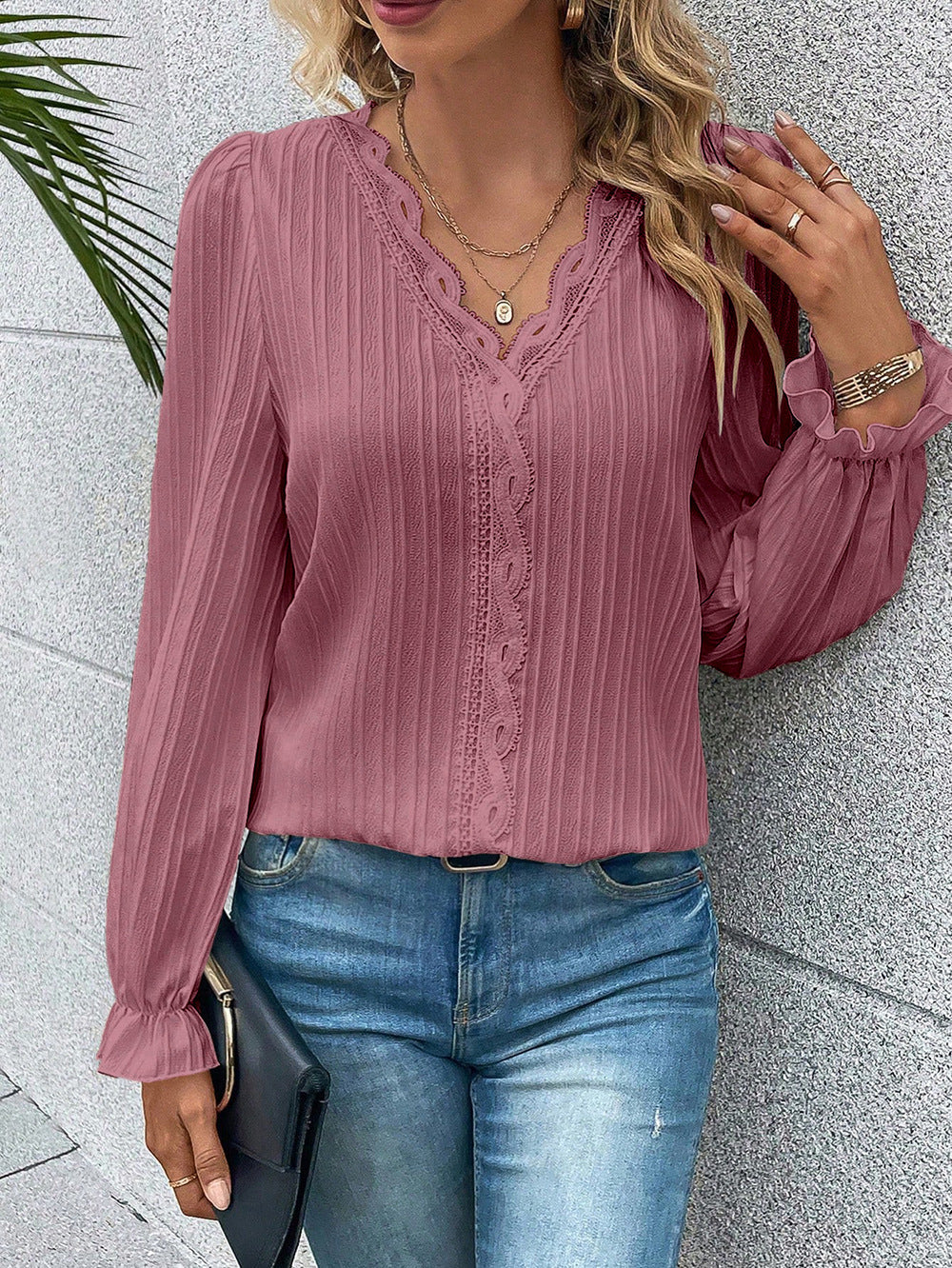 Contrast Lace Solid Blouse, Elegant V Neck Long Sleeve Blouse