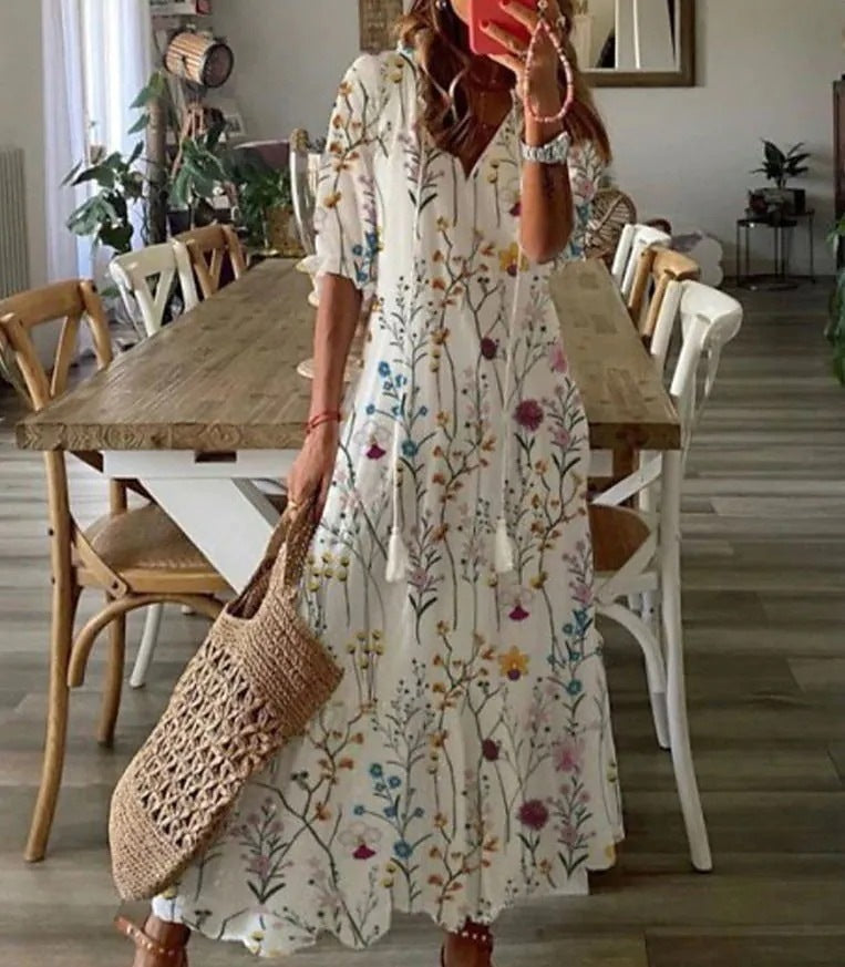 V Neck Half Sleeve Loose Floral Maxi Dress
