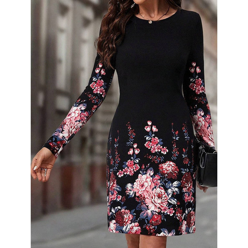 Long Sleeve Spring/Fall Floral Crew Neck Daily Going Out Casual H-Line Midi Dress