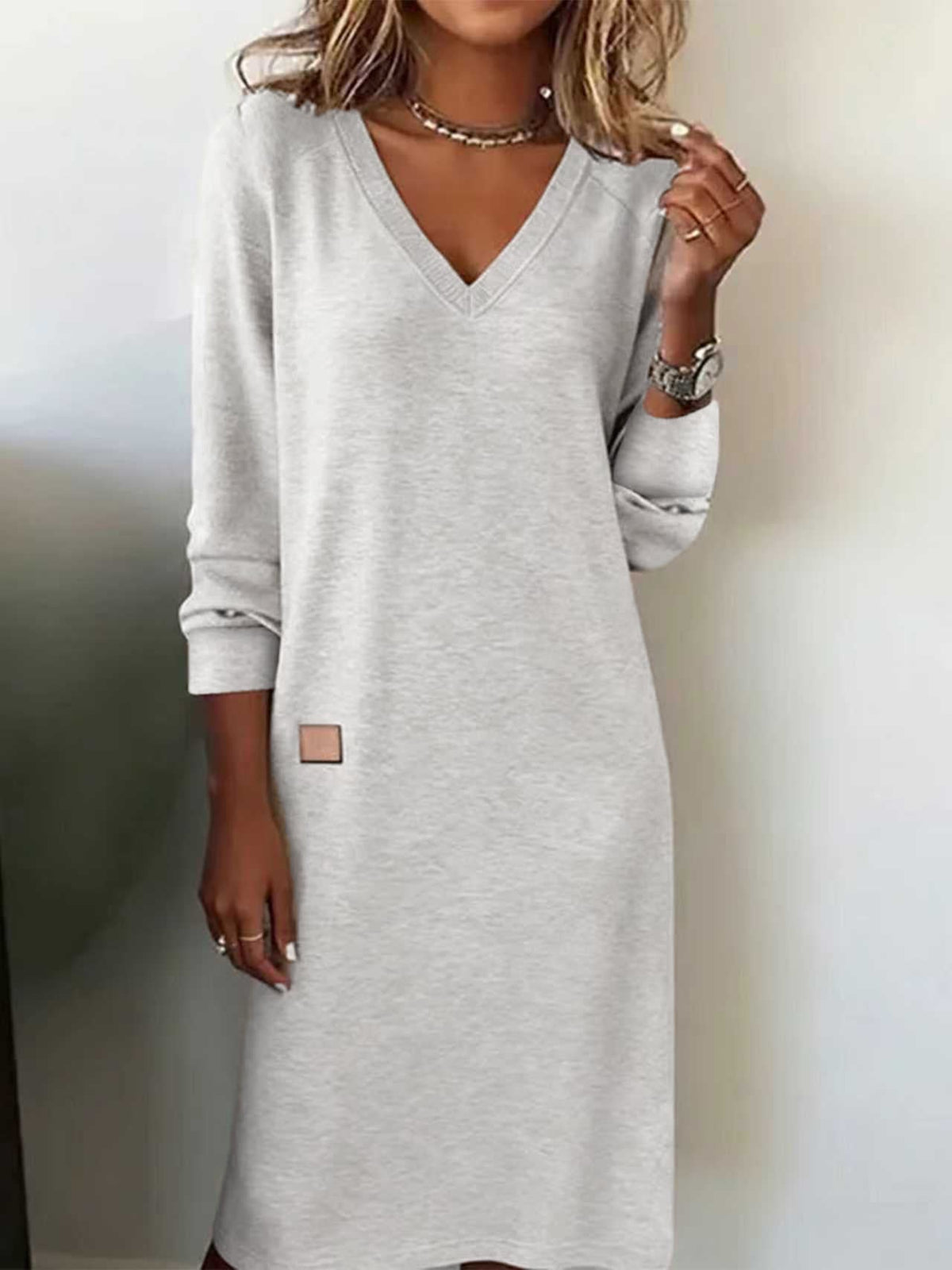 Plain Long Sleeve Spring/Fall Split Joint V Neck Daily Casual T-Shirt A-Line Maxi Dress