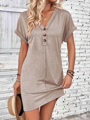 Solid Color V-Neck Batwing Sleeve Midi Dress