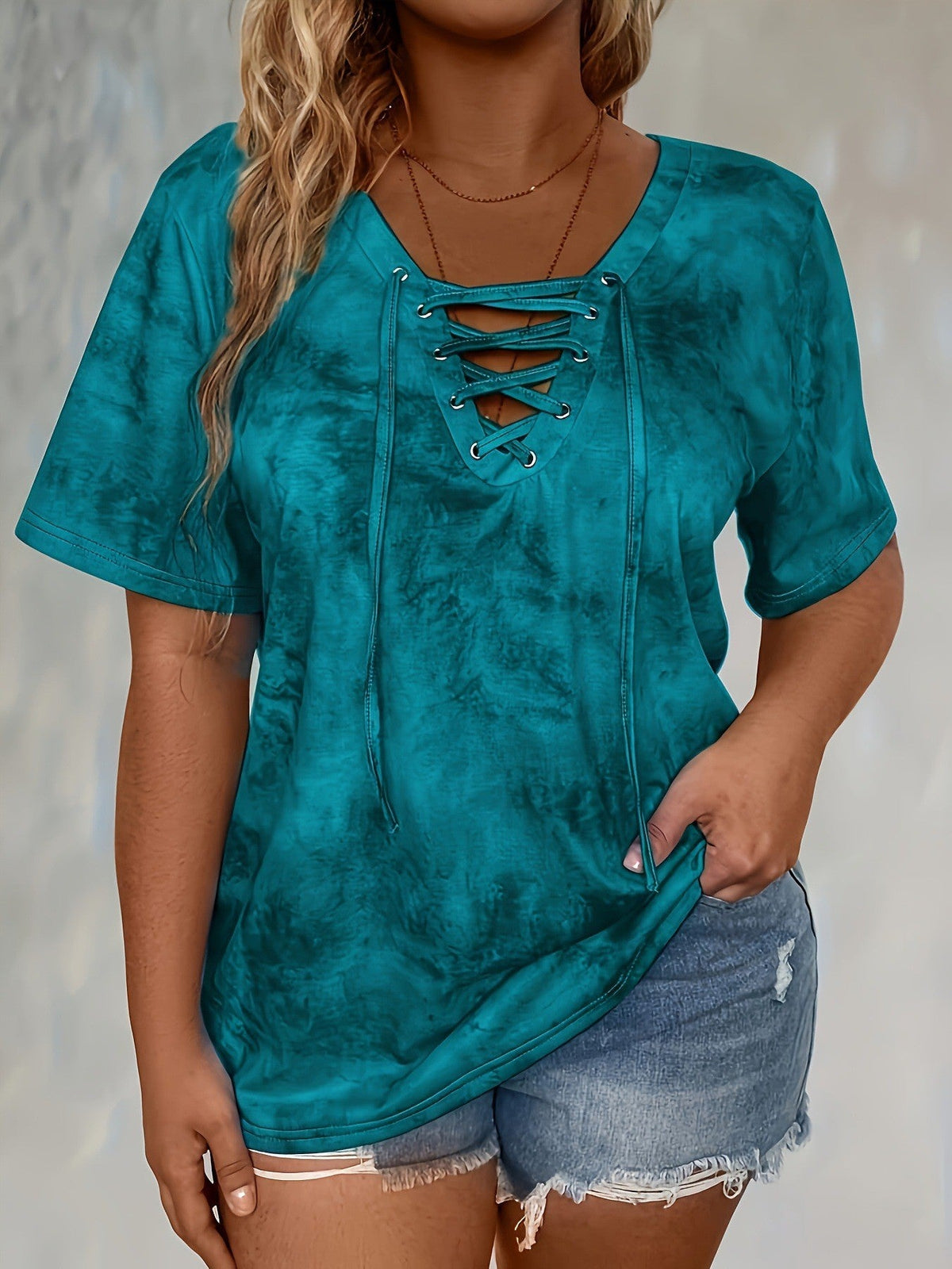 Print Front Button Drawstring Oversized Top