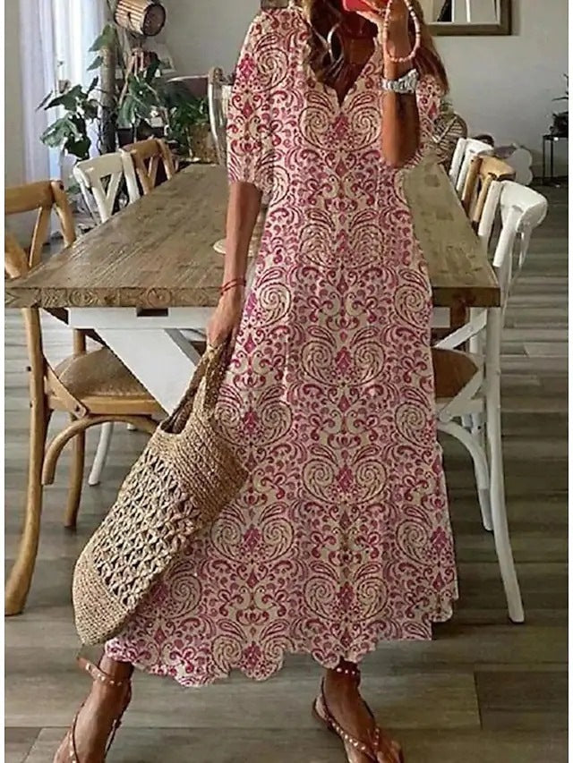 V Neck Half Sleeve Loose Floral Maxi Dress