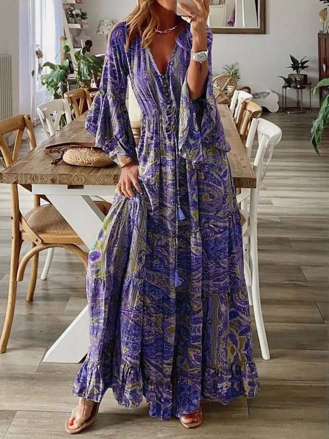 Vintage Casual Daily Regular Fit Floral Long Sleeve V Neck Maxi Dress