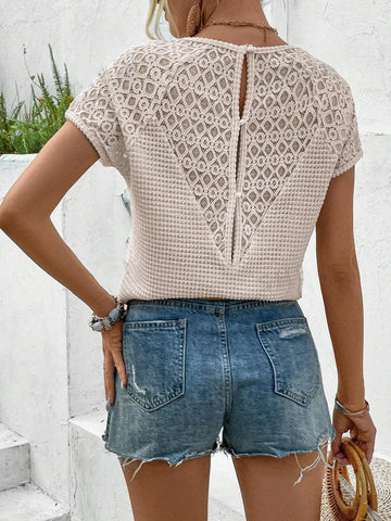 Contrast Lace Hollow Out T-shirt, Elegant Short Sleeve V Neck T-shirt