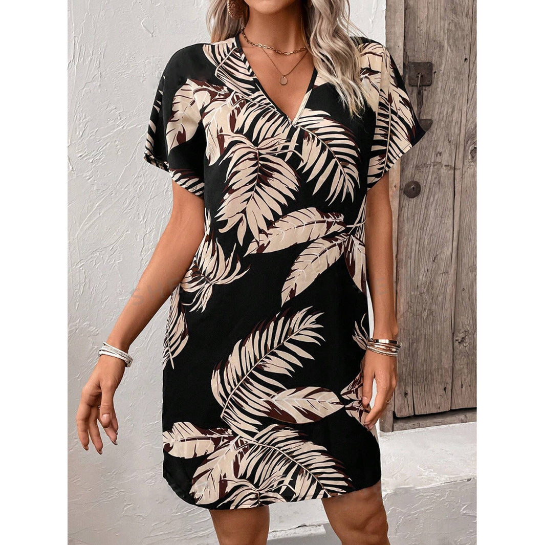 Tropical Plants Print Short V Neck Shift Dress