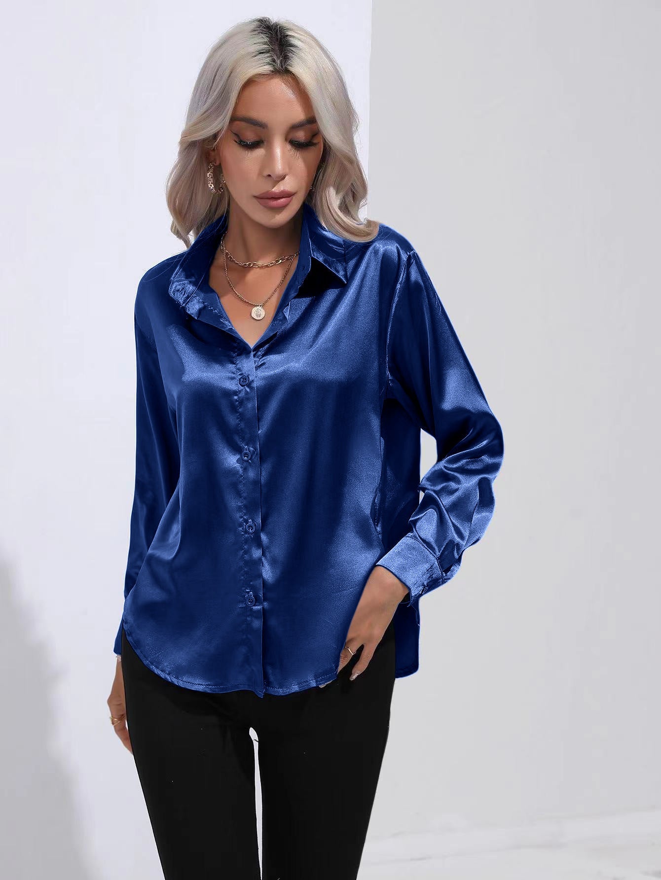 Lapel-collar Satin-satin-faux Silk Long-sleeved Shirt