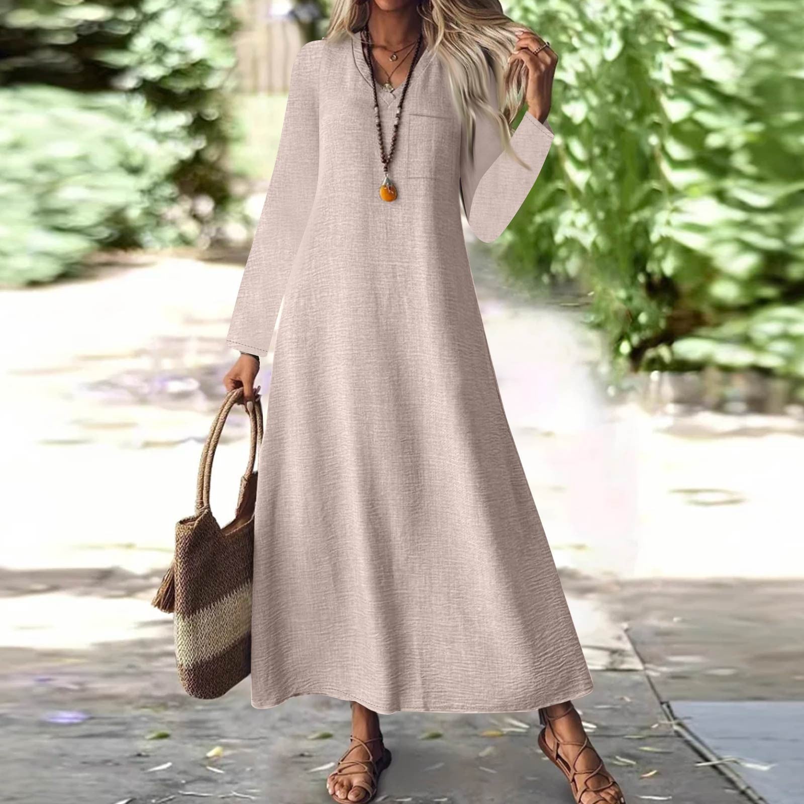Back Zipper Solid Color Long Sleeve Cotton and Linen Dress