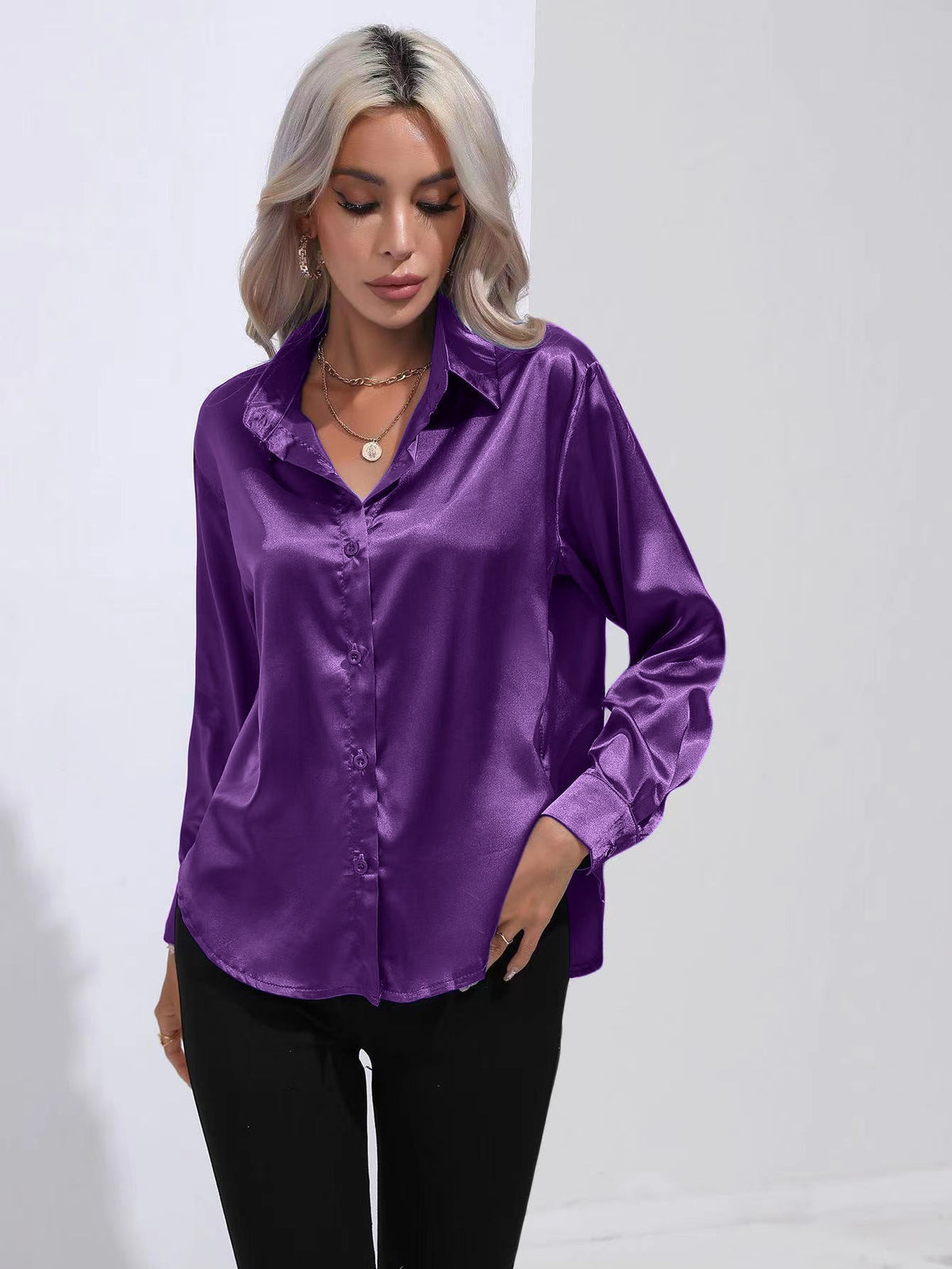 Lapel-collar Satin-satin-faux Silk Long-sleeved Shirt