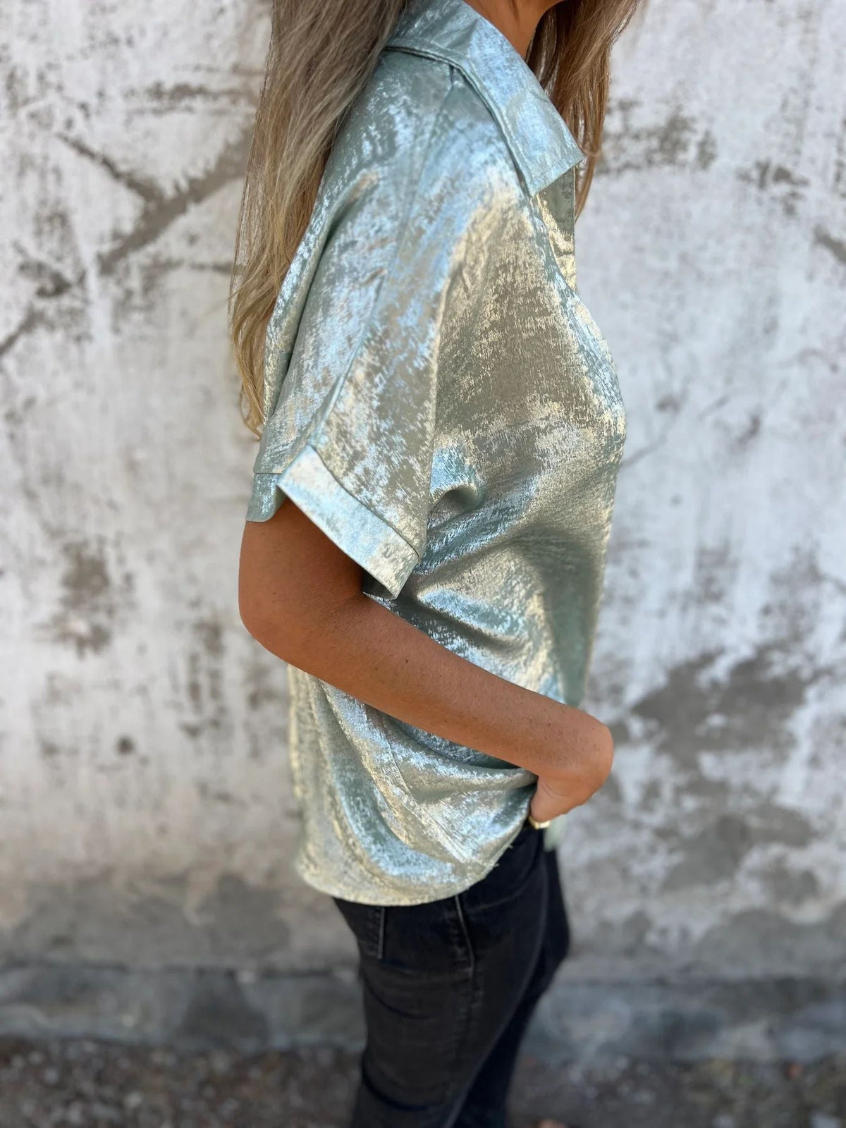 Loose Foiled Short Sleeve Lapel Shirt