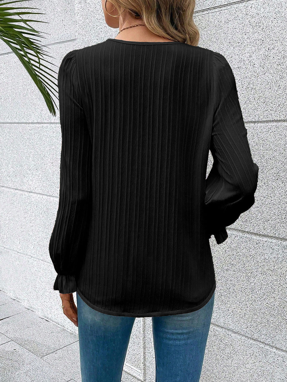 Contrast Lace Solid Blouse, Elegant V Neck Long Sleeve Blouse