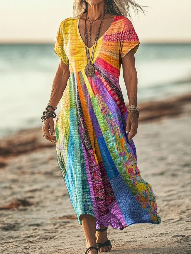 Colorful Sun Collage Art Print Short Sleeve Comfy Casual Maxi Dress