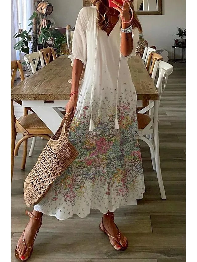 V Neck Half Sleeve Loose Floral Maxi Dress