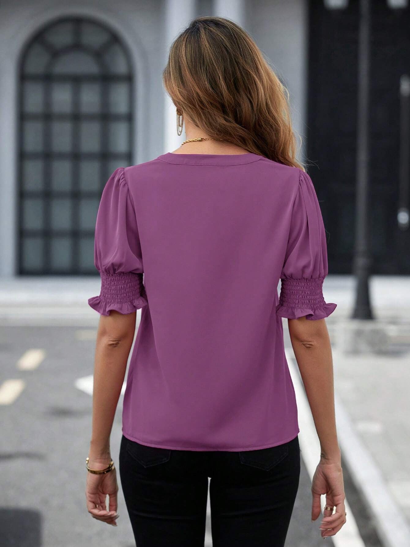 Women's Casual V-Neck Blouse - Loose Fit Solid Color Half Sleeve Fashion Top