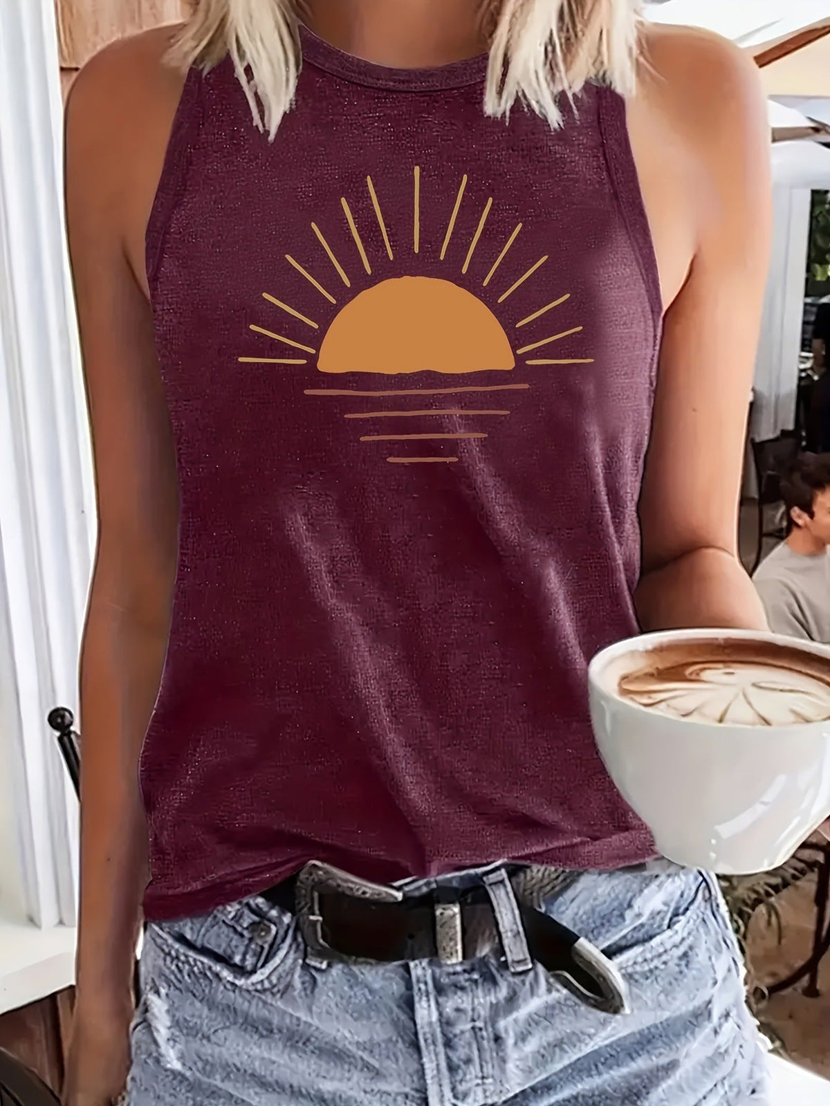 Sunrise Easy Line Drawing Printed Casual Round Neck Tank Top