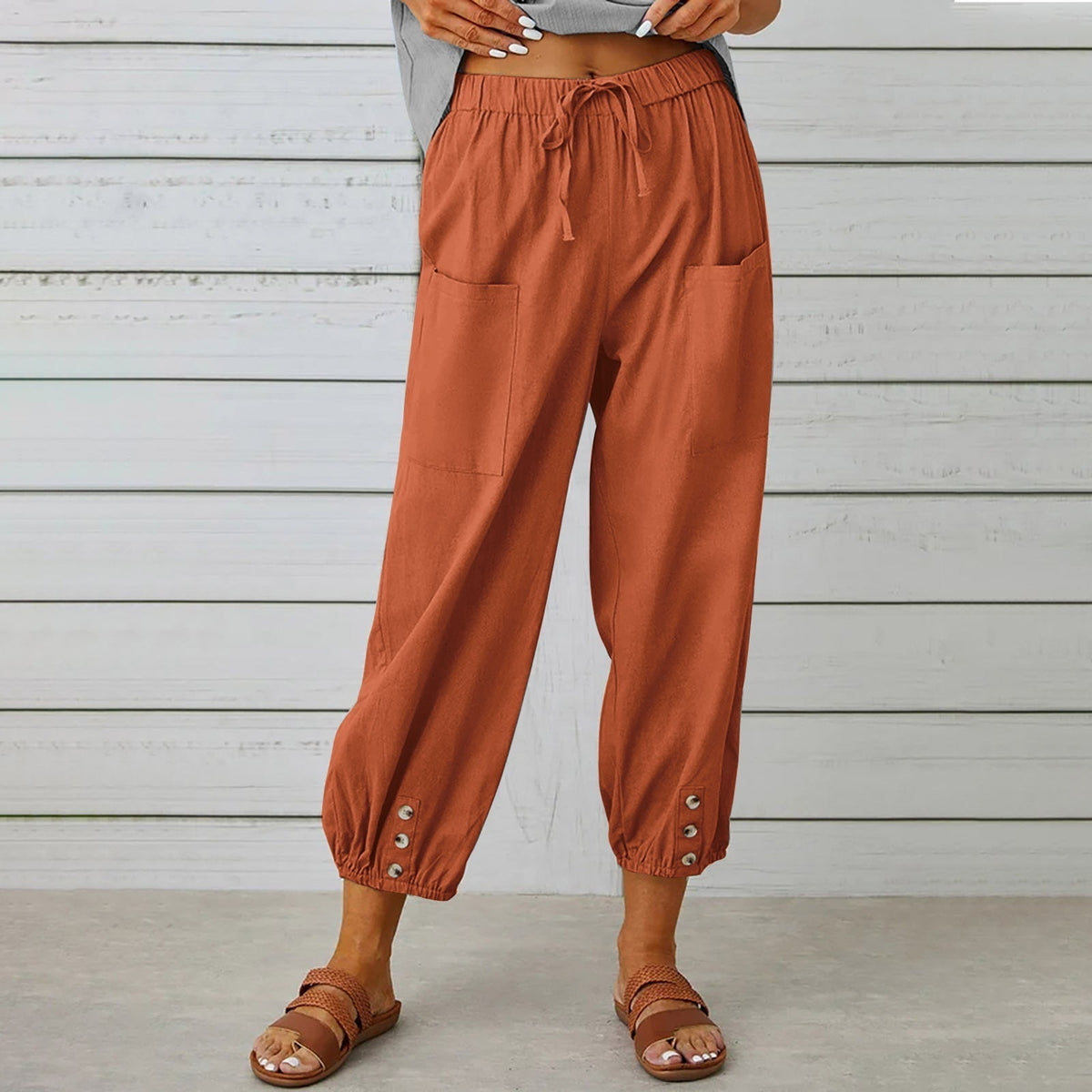 Cotton Linen Pockets Solid Loose Casual Long Trousers