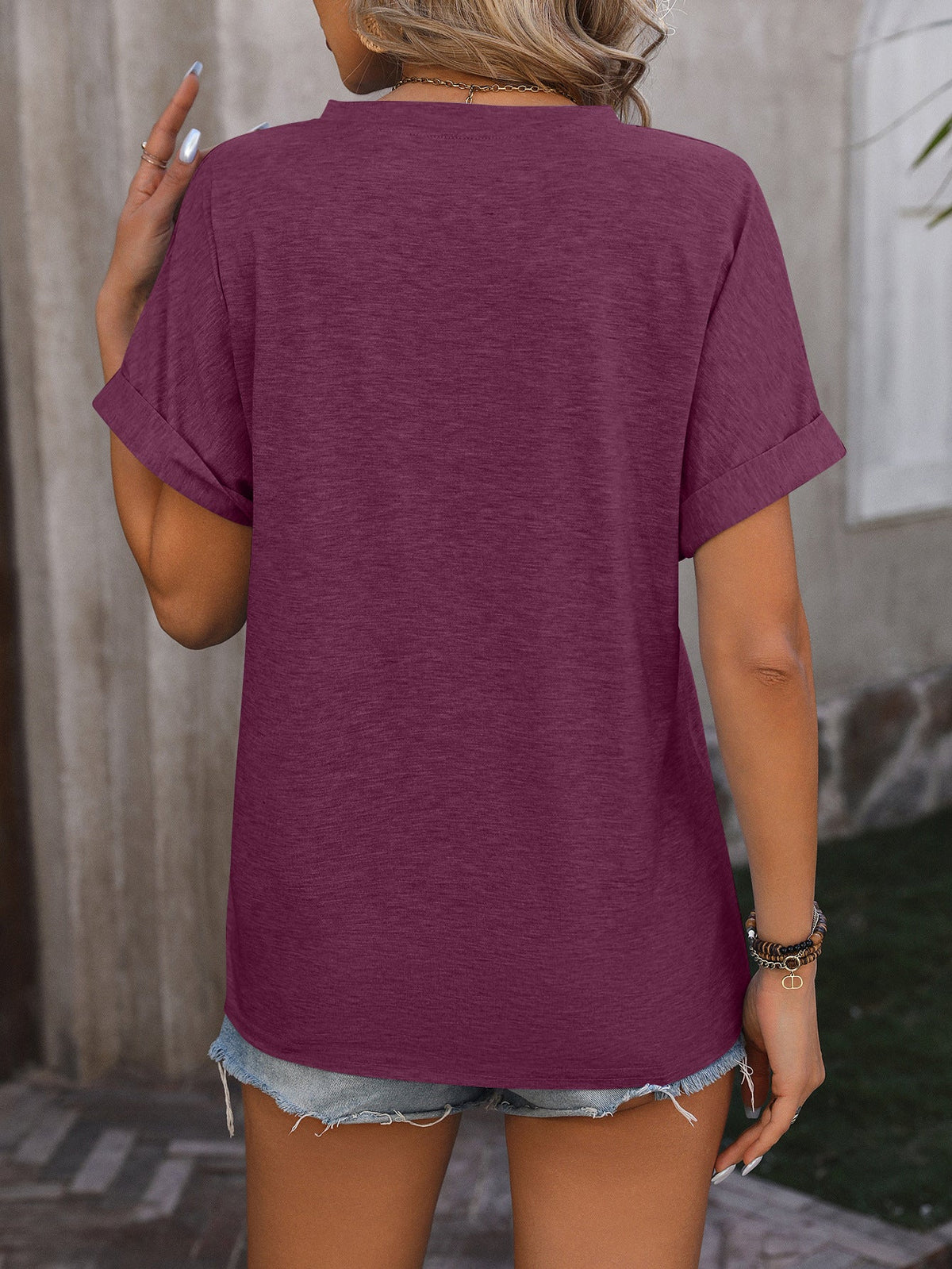 Casual V-neck Button Pure Color Loose Short-sleeved T-shirt