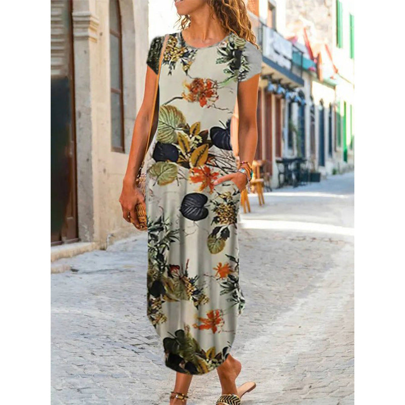 Boho Paisley Print Crew Neck Dress, Casual Short Sleeve Dress