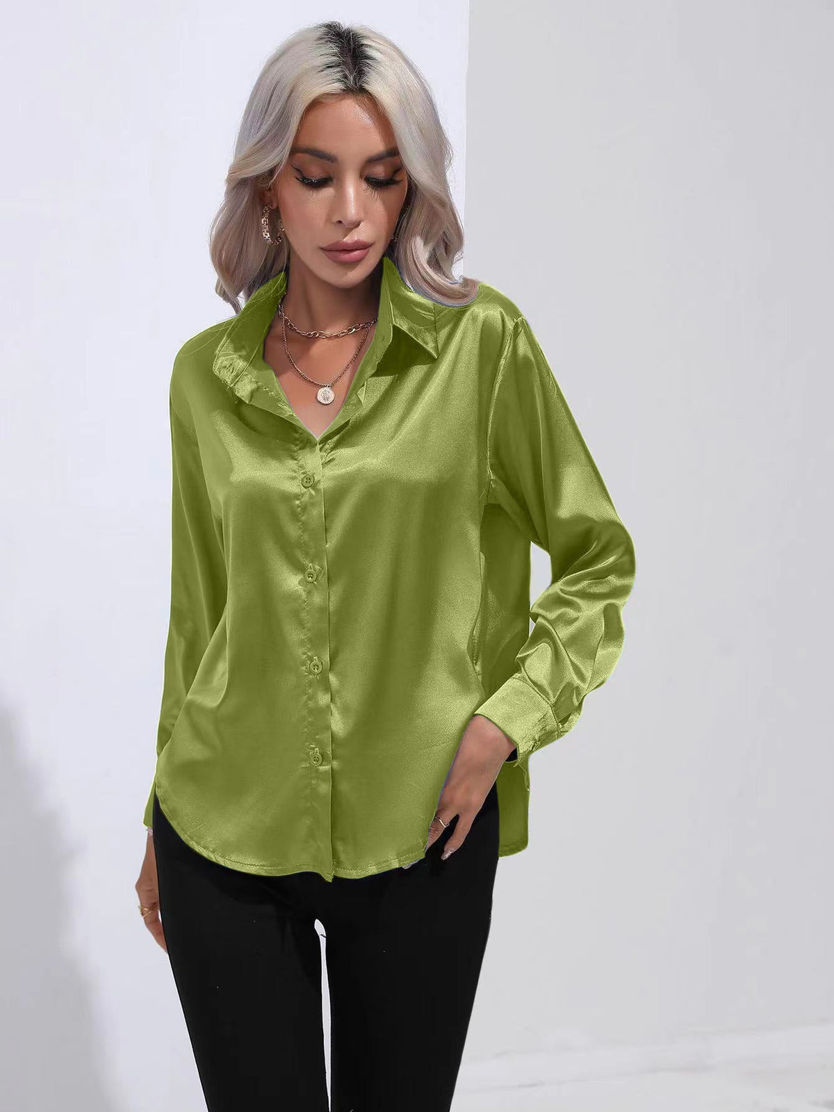 Lapel-collar Satin-satin-faux Silk Long-sleeved Shirt