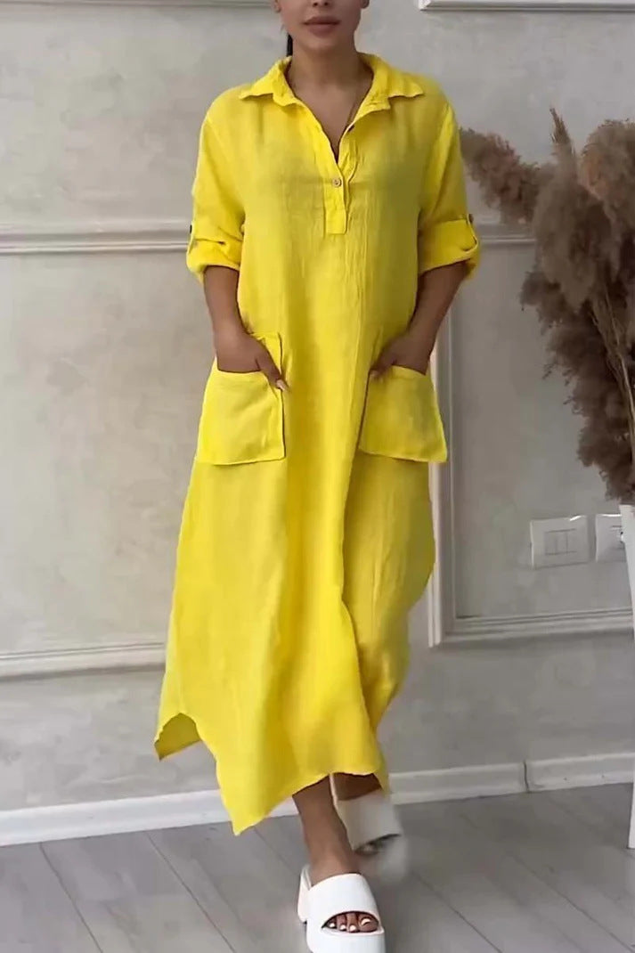 Solid Color Casual Shawl Collar Plain Loose Dress