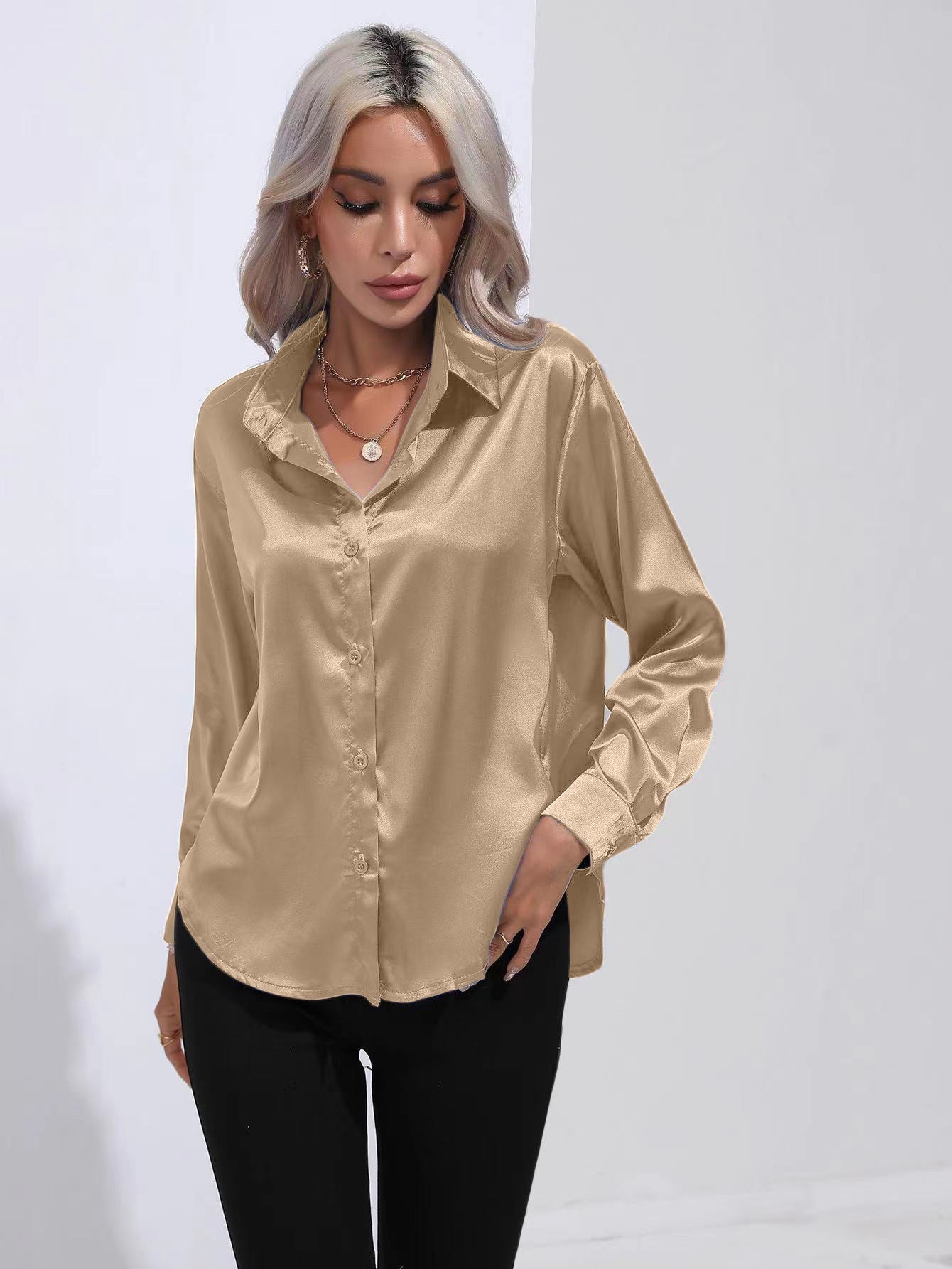 Lapel-collar Satin-satin-faux Silk Long-sleeved Shirt