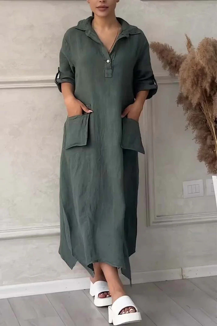 Solid Color Casual Shawl Collar Plain Loose Dress