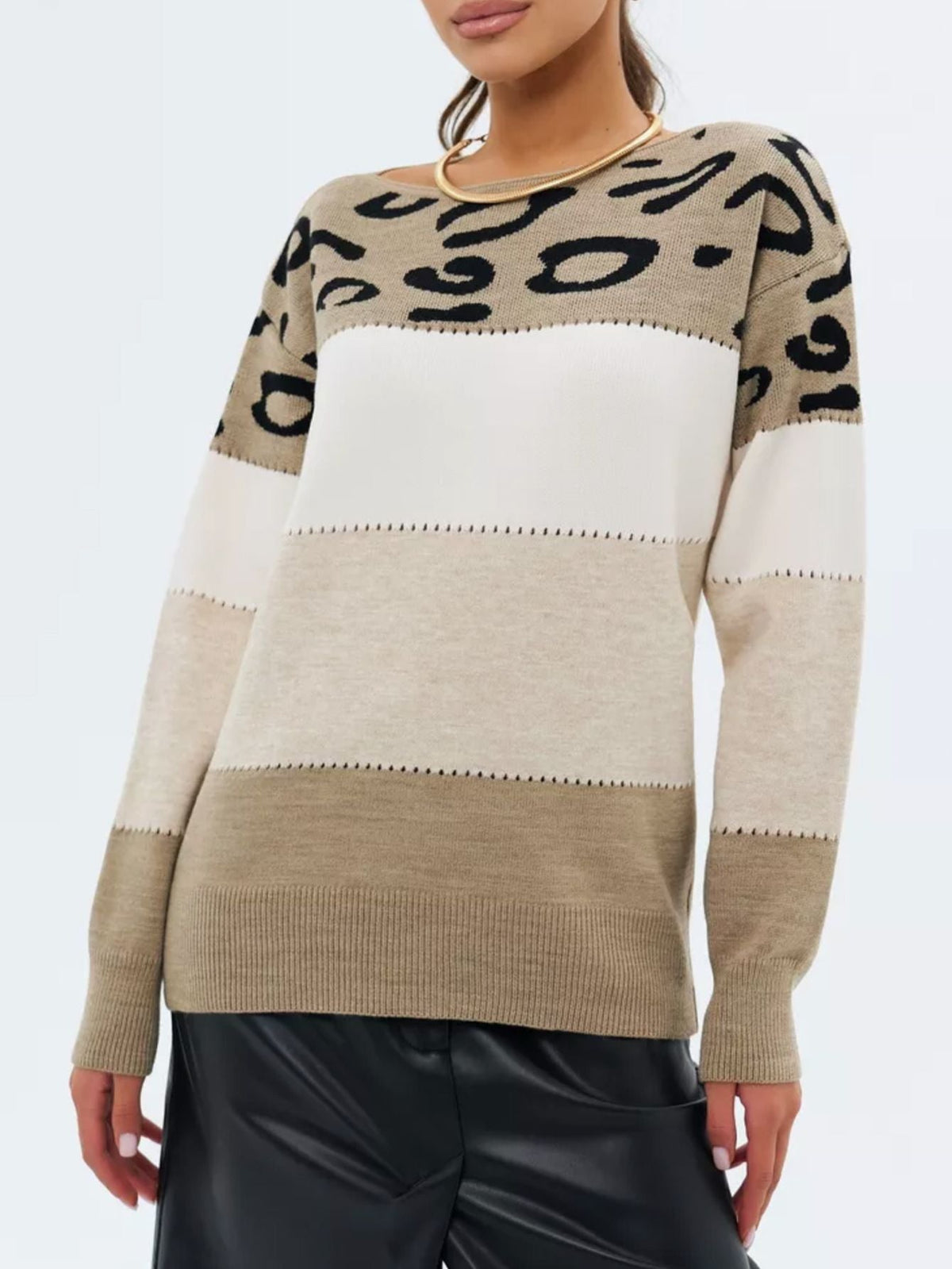 Chic Leopard Print Color Block Knit Sweater - Casual Crew Neck, Long Sleeve Pullover
