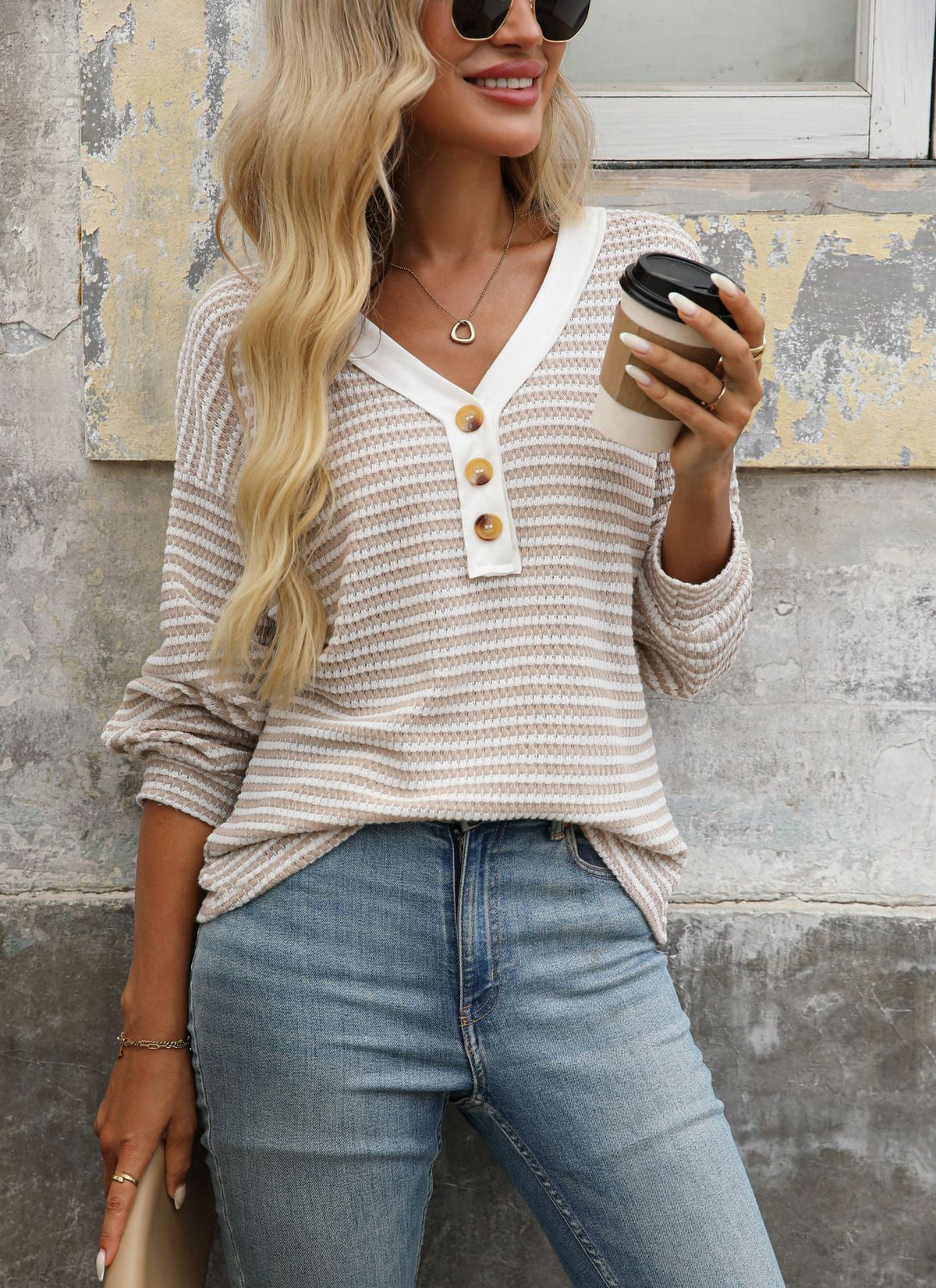 Retro Color Block Slouchy V-Neck Button- Long Sleeve Shirt