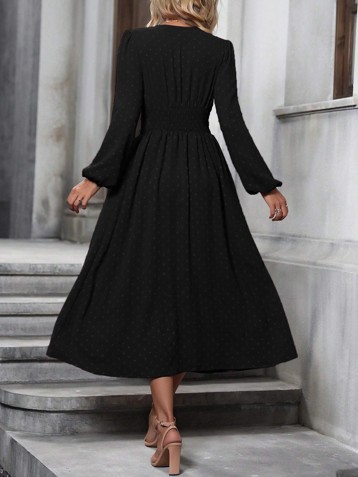 Floral Balloon Sleeve Spring/Fall Dress V Neck Long Sleeve A-Line Dress