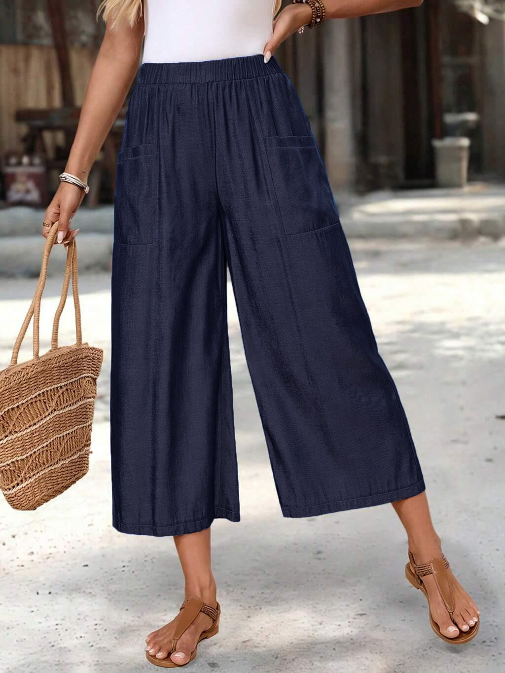 Solid Color Elastic Waist Y Casual Wide-Leg Ankle Pants