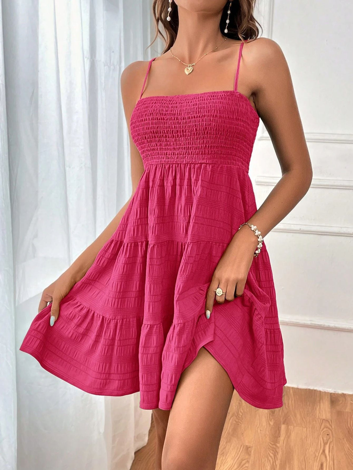 Spaghetti Strap Shirred Dress, Casual Solid Tiered Sleeveless Dress