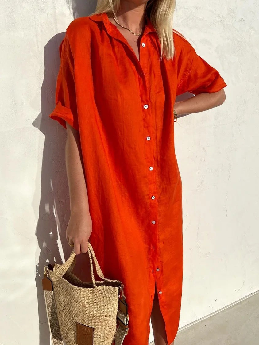 Solid Color Half Sleeve Button Down Maxi Dress