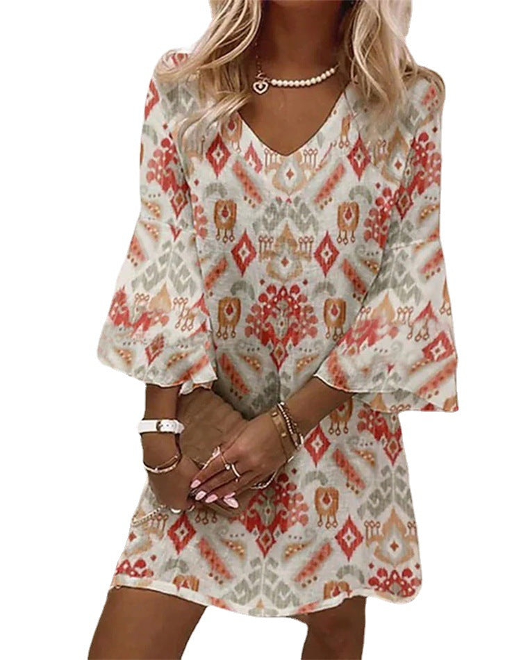 Flared Sleeve Elegant V-Neck Loose Mini Dress