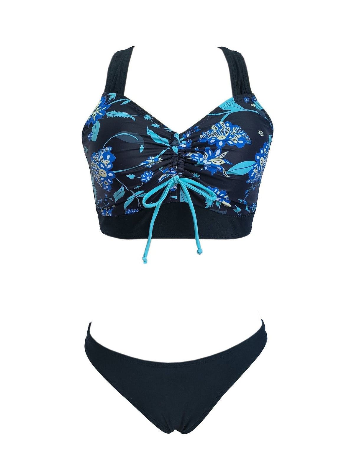 3 piece Women's Butterfly Floral Print Drawstring Bikini Set with Side Split and High Waist V Neck Stretchy and Comfortable Swimwear