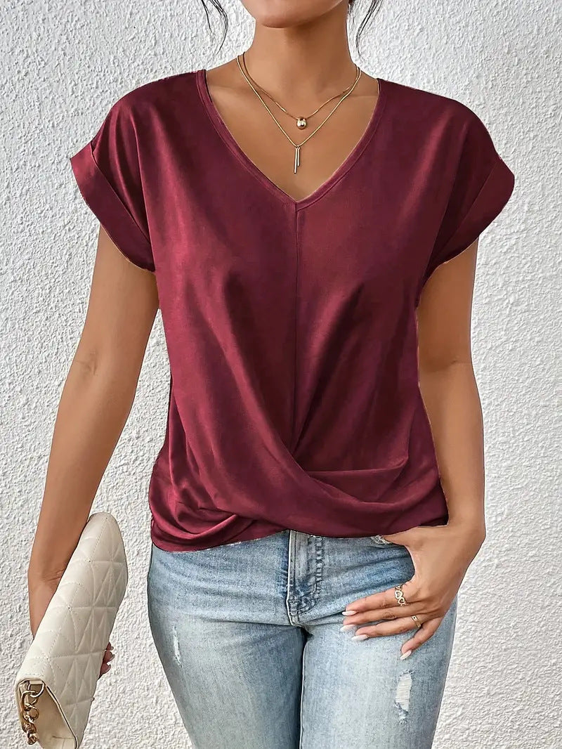 Women's Knot V Neck T-Shirt - Casual Short Sleeve Top