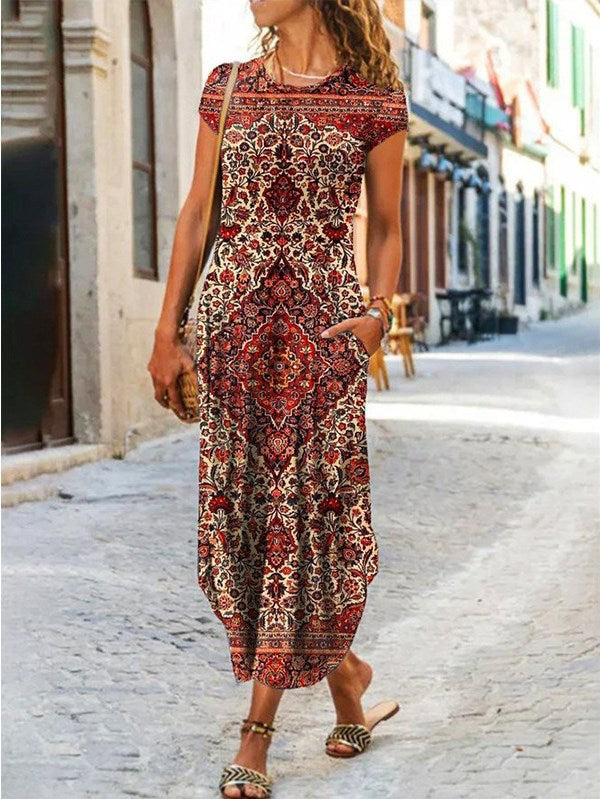 Boho Paisley Print Crew Neck Dress, Casual Short Sleeve Dress