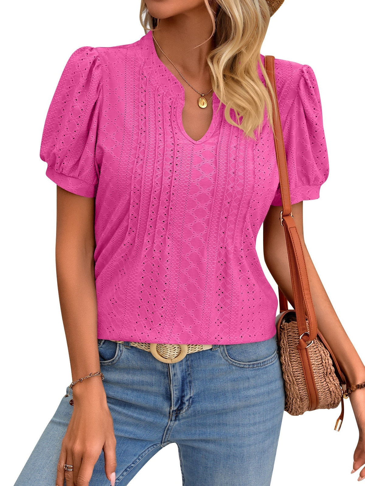 Women's Casual V-Neck Puff Sleeve T-Shirt - Soft and Comfortable Solid Tee