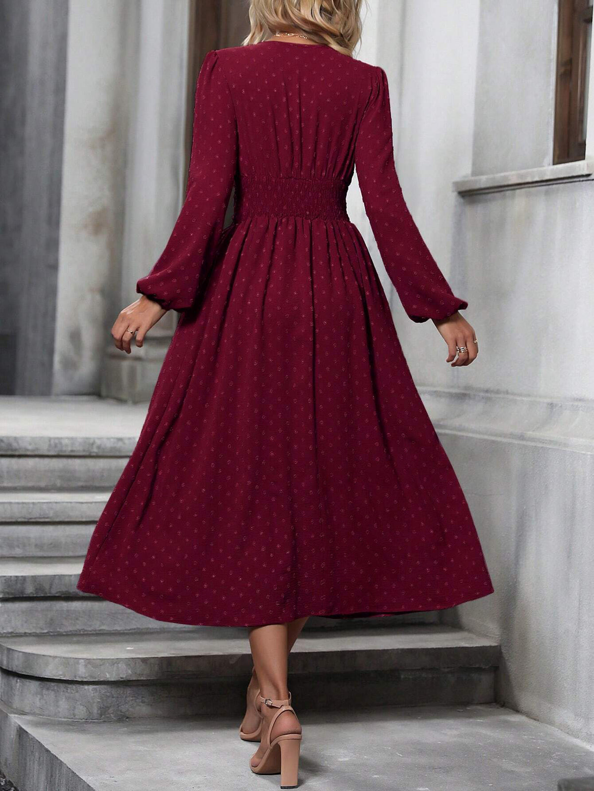 Floral Balloon Sleeve Spring/Fall Dress V Neck Long Sleeve A-Line Dress