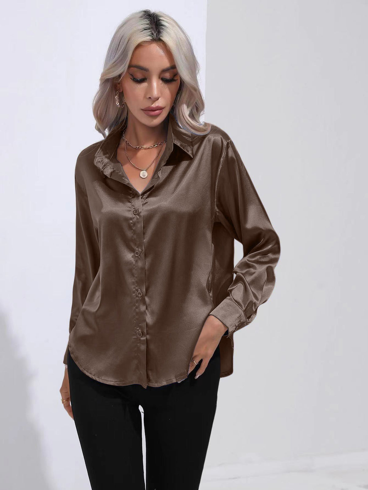 Lapel-collar Satin-satin-faux Silk Long-sleeved Shirt
