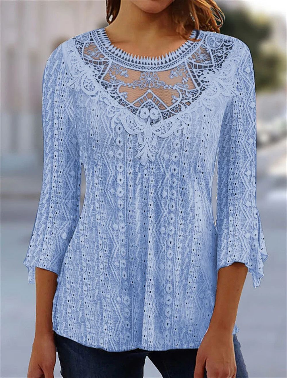 Plain Lace 3/4 Length Sleeve Casual Vintage Fashion Basic Round Neck Blouse