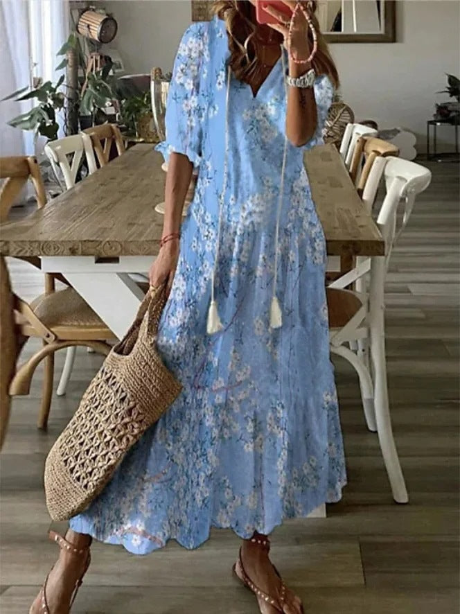 V Neck Half Sleeve Loose Floral Maxi Dress