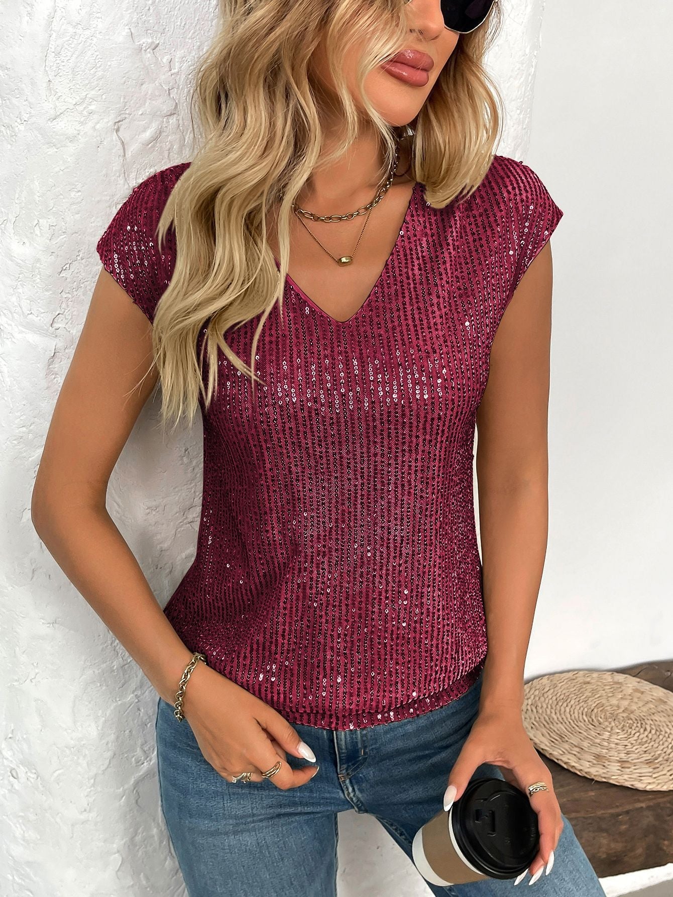 V Neck Sequined Solid Color Short Sleeved Top