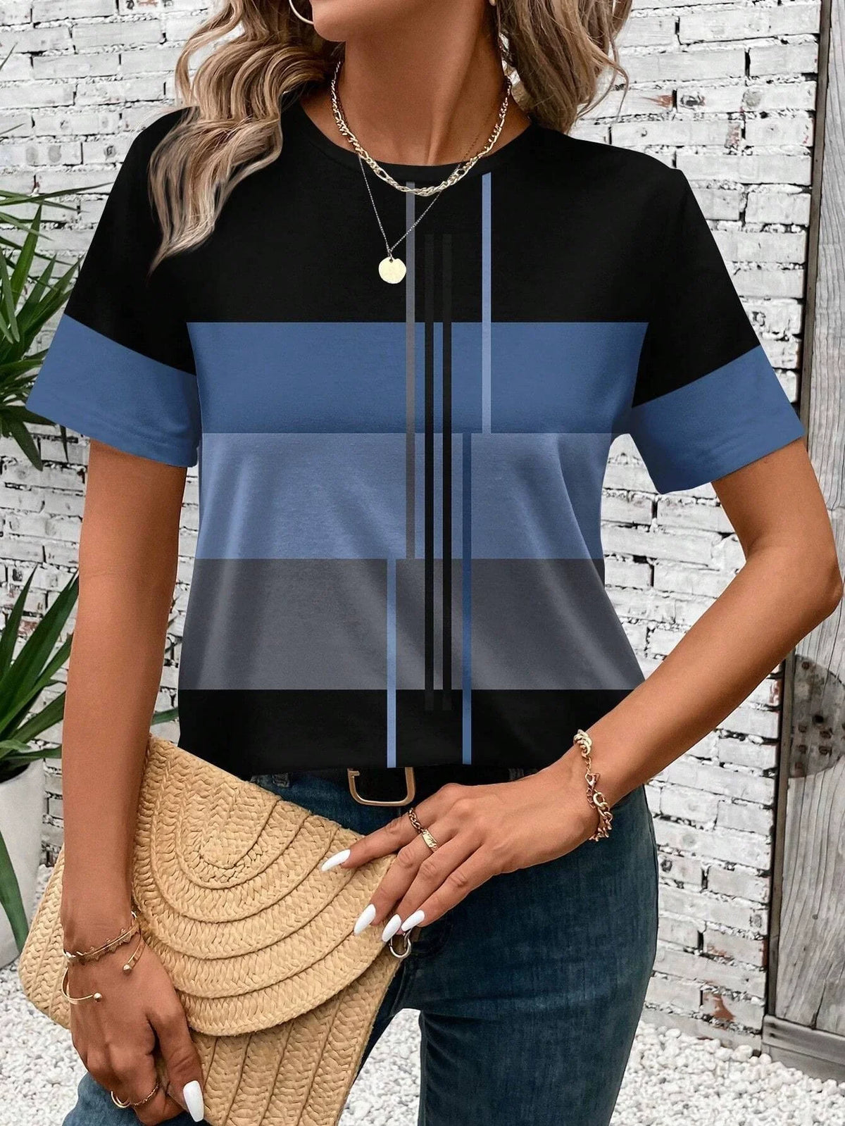 Casual Patchwork Pattern Round Neck Short Sleeve Loose Women T-Shirt
