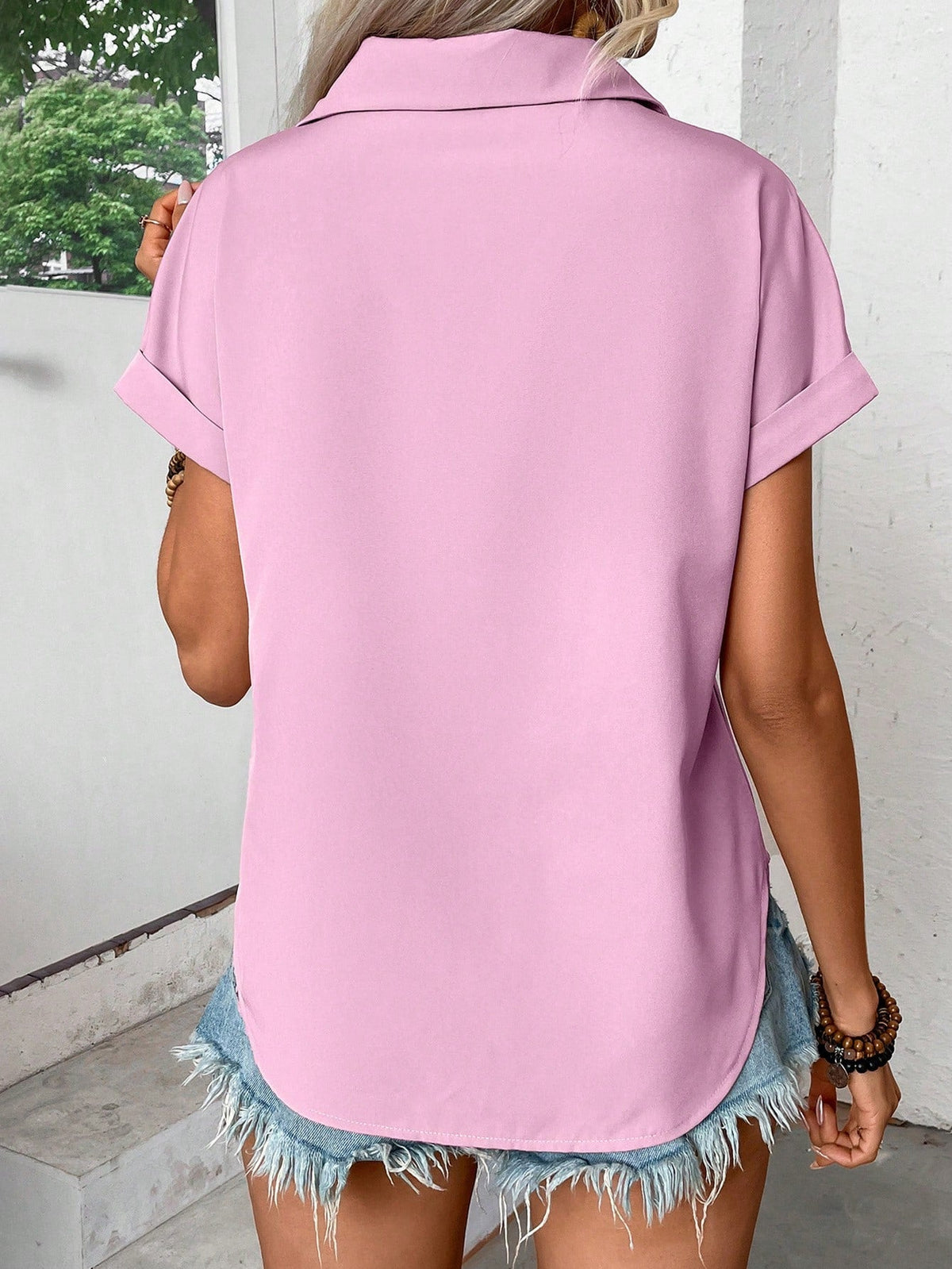 Elegant Solid Color Pleated Batwing Short Sleeve Casual Shirt