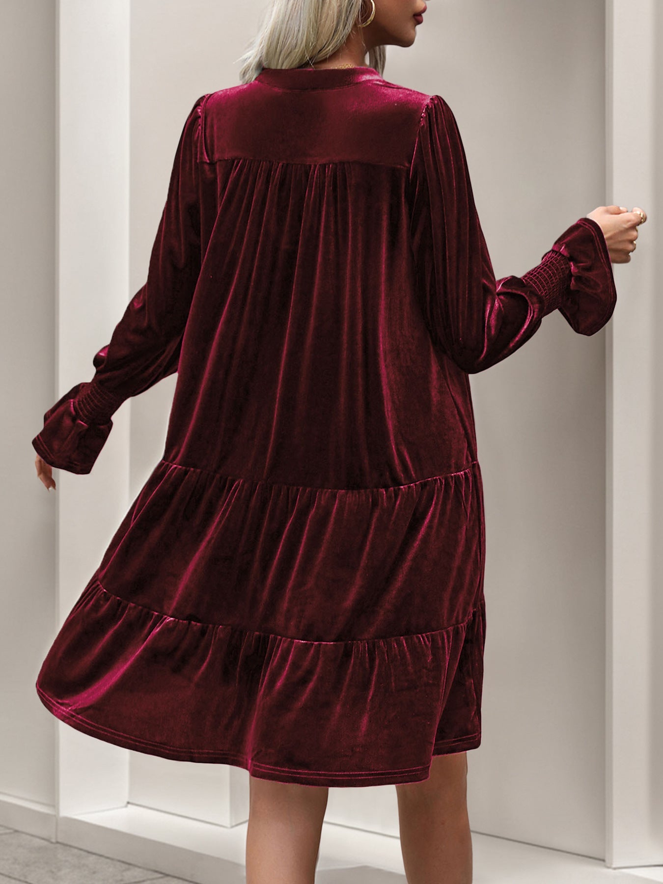 Women's Layered Hollow-Out Long Sleeve Dress, Elegant V-Neck, Solid Color, Adult Fashion Dress