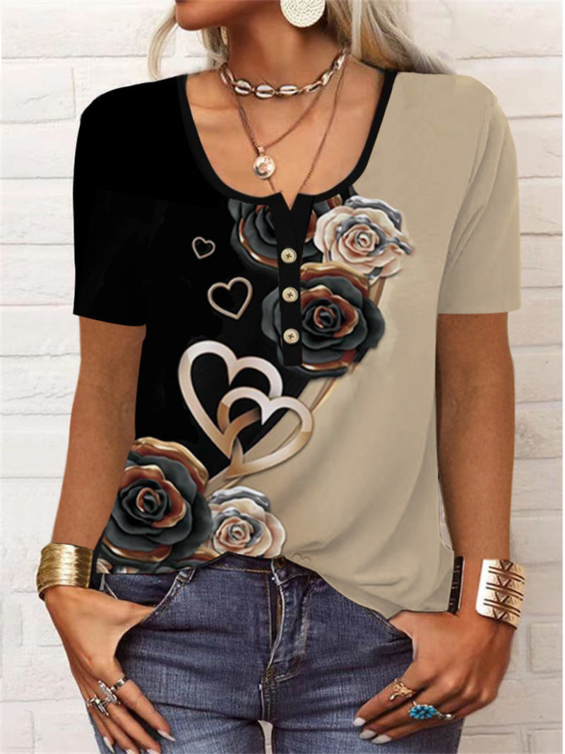 Printed Short Sleeve Pullover Casual Button T-Shirt