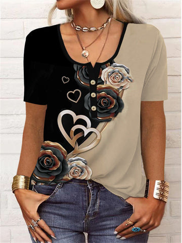 Printed Short Sleeve Pullover Casual Button T-Shirt