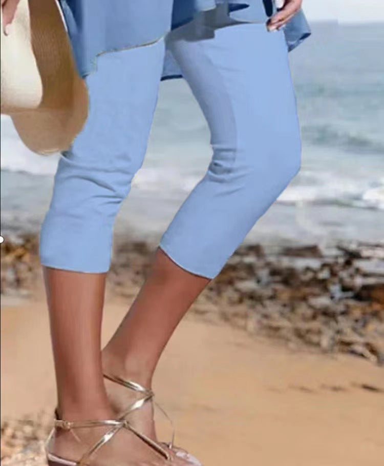 Solid Elastic Waist Medium Stretch Yoga Capri Leggings