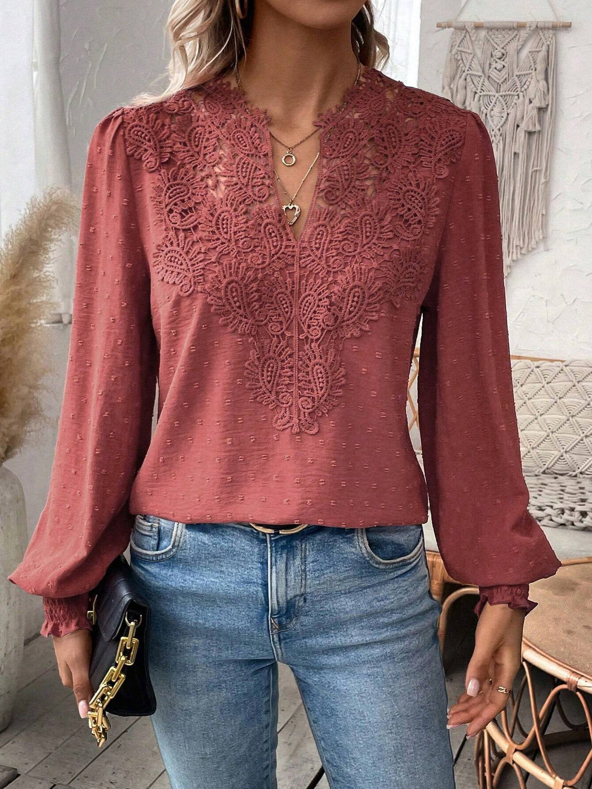 Lace Splicing Swiss Dot V-neck Blouse, Elegant Long Sleeve Blouse Top