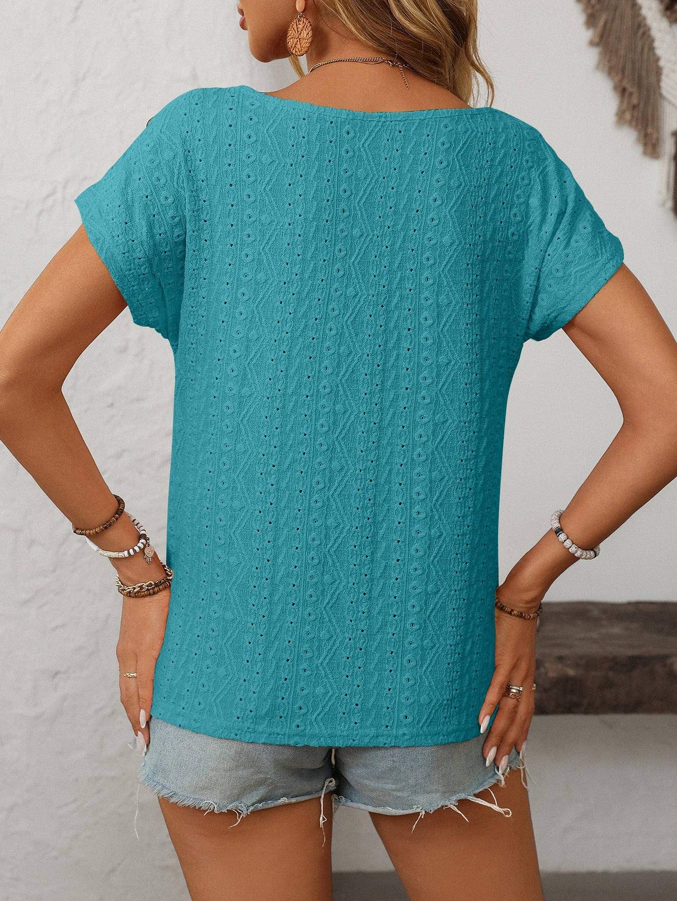 Solid Color Round Neck Shoulder Button Embroidery Hollow Short Sleeved T-shirt
